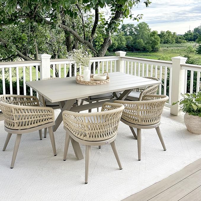 PURPLE LEAF 7 Pieces Outdoor Dining Set All-Weather PE Rattan Outdoor Patio Rurniture Set with All Aluminum Frame Rectangular Table and Chairs Set for Lawn Garden Backyard Deck, Champagne