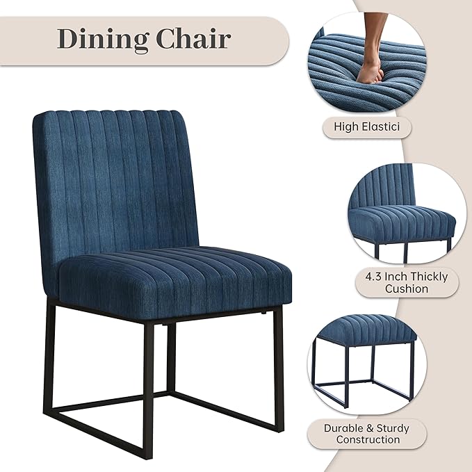 VKNOW Upholstered Dining Chairs Set of 6, Modern Dining Room Chairs with Stripe, Linen Kitchen Chair Dinner Chair with Black Metal Base for Kitchen Office, Blue