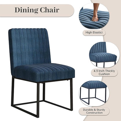 VKNOW Upholstered Dining Chairs Set of 6, Modern Dining Room Chairs with Stripe, Linen Kitchen Chair Dinner Chair with Black Metal Base for Kitchen Office, Blue