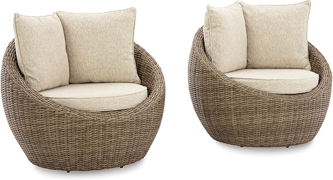 Signature Design by Ashley Danson Outdoor Lounge Chair with Cushion and 360-Degree Swivel, Set of 2, UV-Resistant Performance Fabric and Resin Wicker, Light Brown