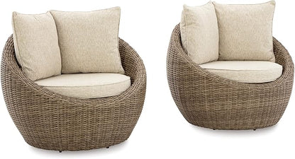 Signature Design by Ashley Danson Outdoor Lounge Chair with Cushion and 360-Degree Swivel, Set of 2, UV-Resistant Performance Fabric and Resin Wicker, Light Brown