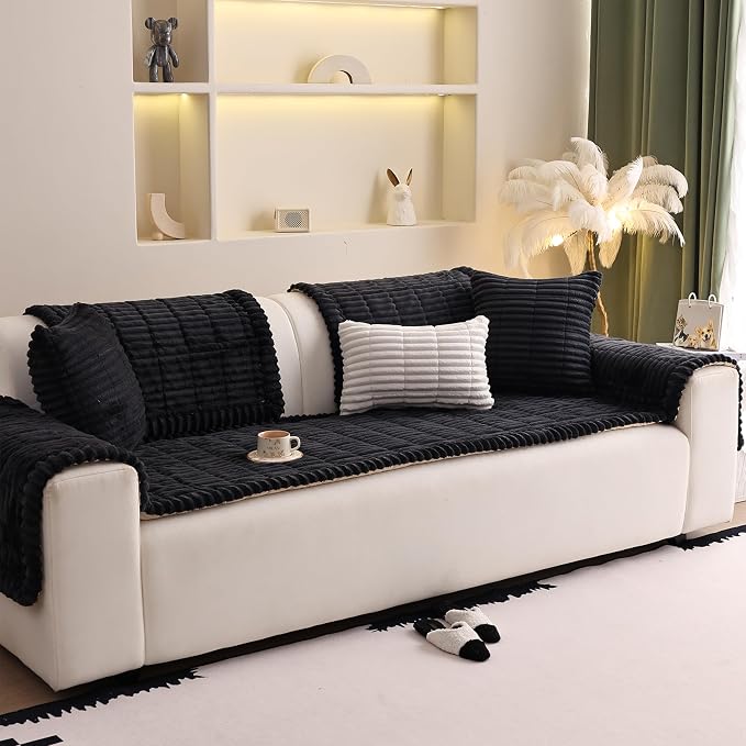 Couch Cover for Sofa, Sectional Couch Cover for Dogs, Sofa Cover Washable, Cushion Cover Blanket Pad Bed Mat for Pets, Fleece Furniture Protector, Black, 23.6x59in
