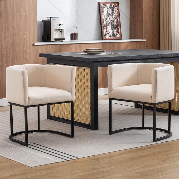 Linen Fabric Dining Chairs Set of 6 Modern Barrel Arm Chairs with Black Frame Upholstered Kitchen Chairs 18.5" Wide Accent Chairs for Living Room Dining Room Restaurant, Cream