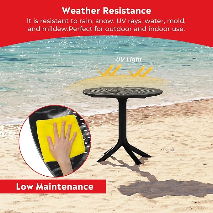Costaelm Small Patio Table, Outdoor Round Dining Table, Weather Resistant Outside Table for Poolside Deck Lawn Garden Backyard, Black