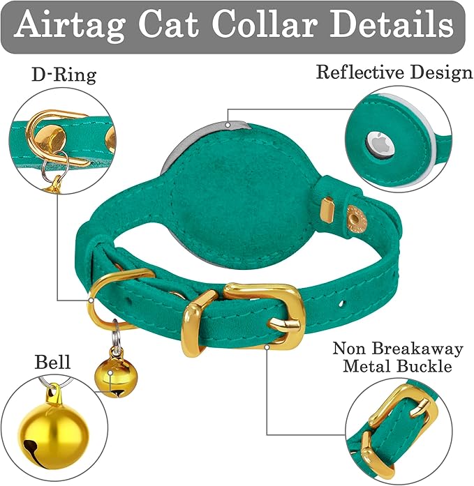 OOPSDOGGY Reflective Leather AirTag Cat Collar with Bell - Non Breakaway Adjustable Pet Collar with Apple Air Tag Holder - Lightweight GPS Kitten Collars for Small Dogs Puppy (Teal)