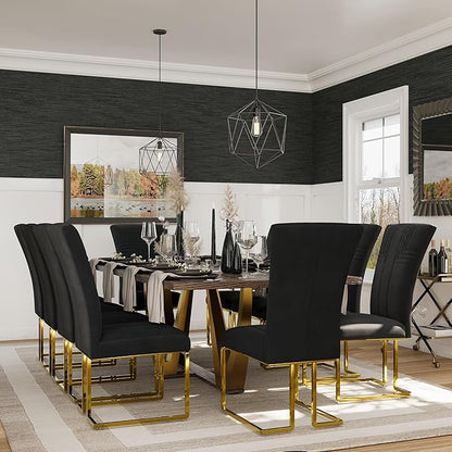 AUZ Dining Chairs Set of 8, Black Velvet Dining Chairs with Polished Gold Sled Legs, Modern Upholstered High Back Chairs for Kitchen and Dining Room