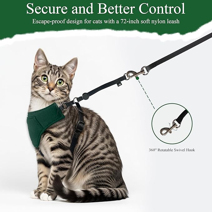 A1HC Escape Proof Cat Harness and Leash - Soft Adjustable Vest, Comfortable Mesh and Long Strips with Air Tag Pocket, Easy Control, Safe Walking Harness for Cats & Kittens - Dark Green (Small)