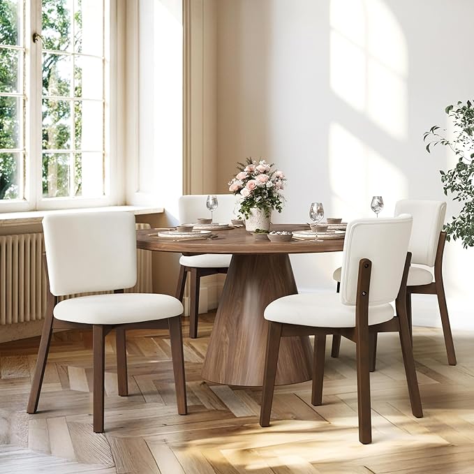 LUE BONA Wooden Dining Chairs Set of 2, Comfortable Wide Back Kitchen Side Chairs, Strong Thick Legs for Modern Farmhouse Dining Room, Beige Upholstered and Dark Brown Leg