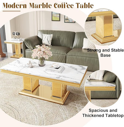 Luxury Living Room Coffee Table Set of 3, Marble Coffee Table and 2 End Side Tables, 3 Piece Living Room Table Set with Stainless Steel Base for Living Room, White Gold