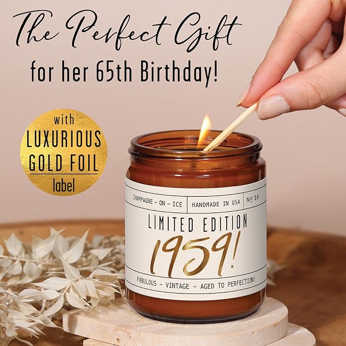 65th Birthday Gifts for Women - 'Limited Edition 1960' Soy Candle, w/Champagne on Ice I 65 Birthday Gifts for Women I 65th Gift for Her Ideas I 9oz Reusable Jar, 50Hr Burn, Made in USA