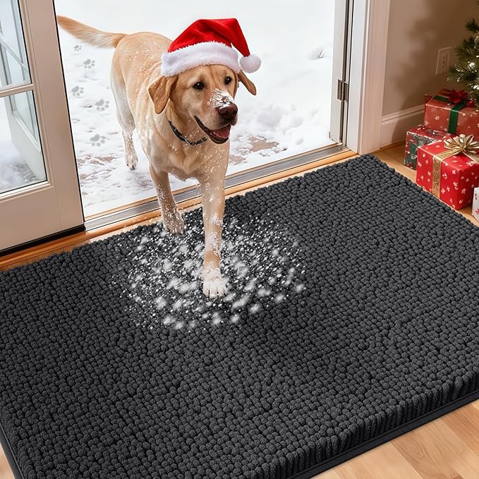 Extra Large Dog Door Mats for Muddy Paws, 60" x 36" Chenille Absorbent Mud Mat for Dogs, Non Slip Heavy Dog Rugs For Muddy Paws, Soft Indoor Door Mat for Entryway, Mud Paw, Inside Floor, Dark Grey