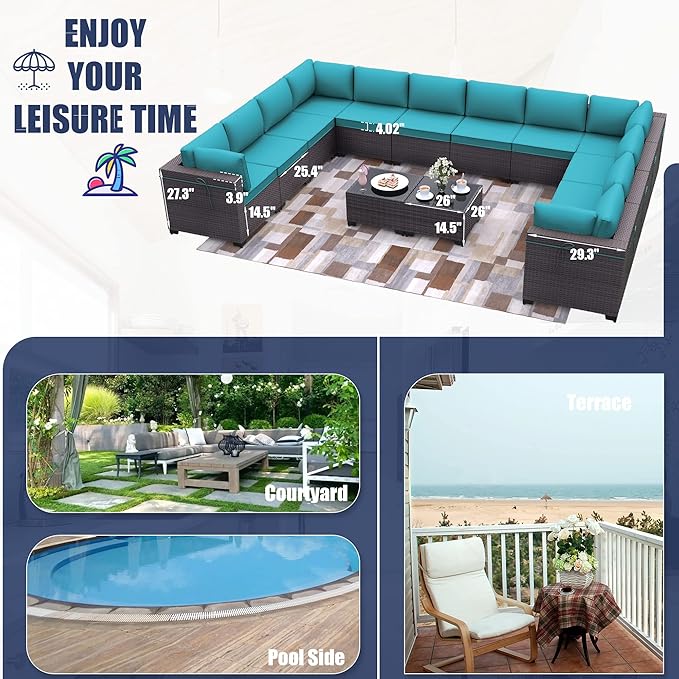Kurapika 14 Pieces Patio Furniture Set, Rattan Wicker Outdoor Conversation Sets w/4 Inch Cushion and Glass Coffee Table(Blue)