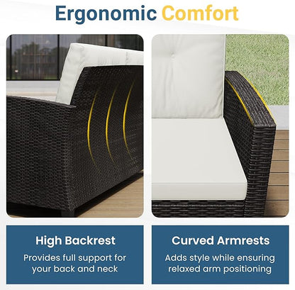 Wisteria Lane 4 Piece Patio Furniture Set, Wicker Outdoor Patio Conversation Furniture Set, All Weather Outdoor Patio Sofa with Cushion and Glass Table, Beige