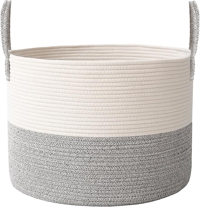 Woven Blanket Basket,65L Large Rope Storage Bin with Handles, Organizer for Blankets Toys Book and Clothes, Laundry Basket for Living Room Bedroom Nursery,White&Grey