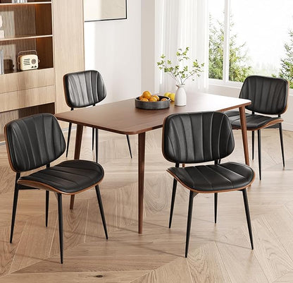 Dining Chairs Set of 2, Mid Century Modern Dining Room Chair, Upholstered Faux Leather Kitchen Chairs with Walnut Bentwood Back and Metal Legs for Kitchen Dining Room Living Room, Black