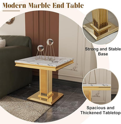 Luxury Living Room Coffee Table Set of 3, Marble Coffee Table and 2 End Side Tables, 3 Piece Living Room Table Set with Stainless Steel Base for Living Room, White Gold