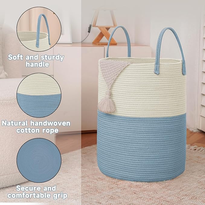Large Woven Laundry Basket Hamper,60L Cotton Rope Storage Bin for Blankets,Toys and Clothes,Decorative Tall Nursery Hamper for Living Room,Baby Nursery,Bathroom and Bedroom,White and Blue