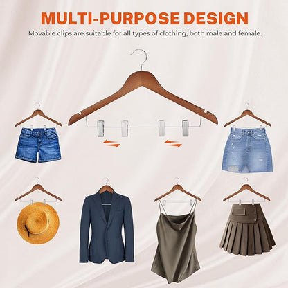 HOUSE DAY Wooden Hangers with Clips 12 Pack, Heavy Duty Walnut Wood Pants Hanger, Premium Skirt Hanger with Adjustable Clips, Solid Clip Hangers for Suit, Blouse, Dress, Coat, Jacket, Bottom