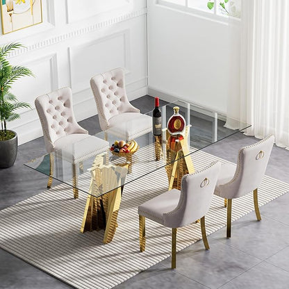 Goujxcy Modern 5 Piece Glass Dining Table Set Luxury Glass Kitchen Table and Chair Set for 4, 70" Large Rectangular Dining Room Table with 4 Tufted Chairs and Stainless Steel Legs (Gold & Beige)