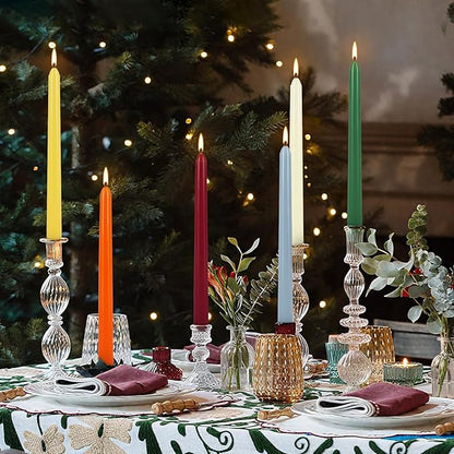 24 Colored Taper Candles, 7-8 Hours Burn Time, Unscented, Smokeless and Dripless, 0.75 x 10 Inch Dinner Candle Set for Household, Wedding, Party and Home Décor Candlesticks