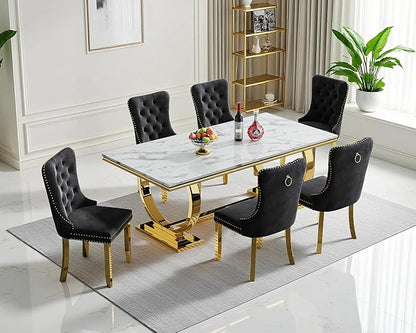 Goujxcy 68" Faux Marble Dining Table Set for 6, 7-Piece Dining Set with White Gold Kitchen Table and 6 Velvet Tufted Chairs, Modern Rectangular Dining Room Table with O-Shape Stainless Steel Base