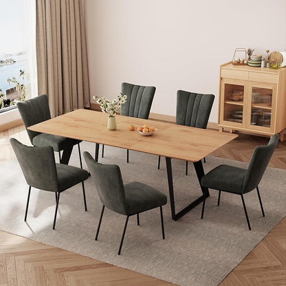 ZckyCine 7-Piece Dining Set, 51"-67" Expandable Mid-Century Modern Table with 6 Chairs, Leather Seat & Backrest, Metal Frame, Oak/Black for Dining Room/Home