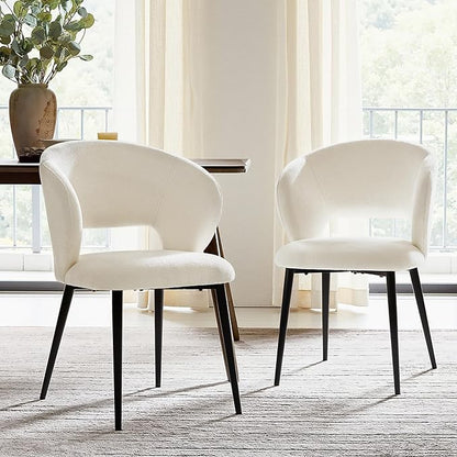 Contemporary Dining Chairs with Armrests – Ergonomic Soft-Padded Seat, Curved Backrest, Matte Black Metal Legs, Comfortable Kitchen & Dining Room Chairs, Set of 2