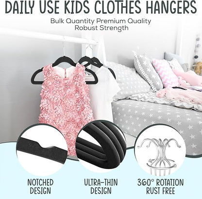 25 Premium Kids Velvet Hangers - 14" Non-Slip Clothes Hangers for Kids & Preteens - Ultra Slim, Space-Saving, Strong & Durable Hangers with 360° Swivel Hook - Black