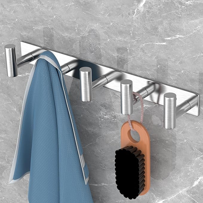 VAEHOLD Silvery Hat and Coat Wall Mount Rack - 5 Hooks for Robes, Bags, Keys, and Towels - Bathroom Towel Hanger Organizer (1 Pack)