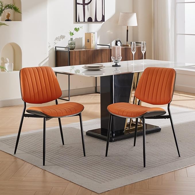 Dining Chairs Set of 2, Mid Century Modern Dining Room Chairs, Upholstered PU Leather Vertical Stripe Kitchen Chair with Walnut Bentwood and Metal Legs, Orange