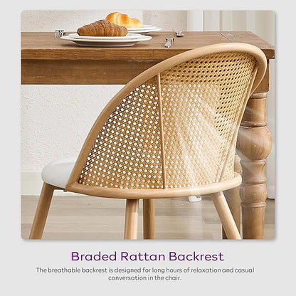 TYBOATLE Rattan Dinner Chairs Set of 4 with Faux Leather Cushion, Modern Dining Room Chairs w/Adjustable Foot Pads, Kitchen Boho Mid Century Upholstered, White