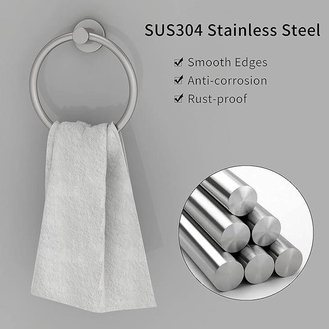 Brushed Nickel Towel Ring, Hand Towel Holder for Bathroom Kitchen Modern Rounded Base Wall Mount SUS304 Stainless Steel