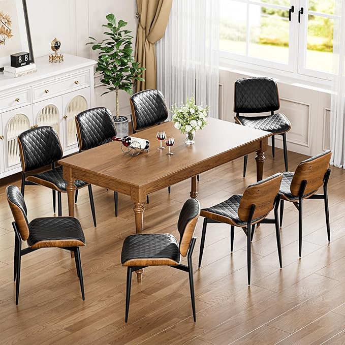 Dining Chairs Set of 6, FSC Certified Mid Century Modern Accent Dining Room and Kitchen Chairs, Upholstered PU Leather Diamond Check Chairs with Walnut Bentwood and Metal Legs, Black