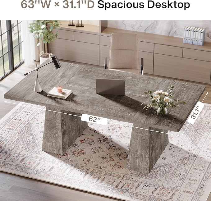 Tribesigns 63-Inch Executive Desk, Large Office Computer Desk with Double Pedestal, Modern Simple Workstations Writing Table Conference Table Business Furniture for Home Office, Grey