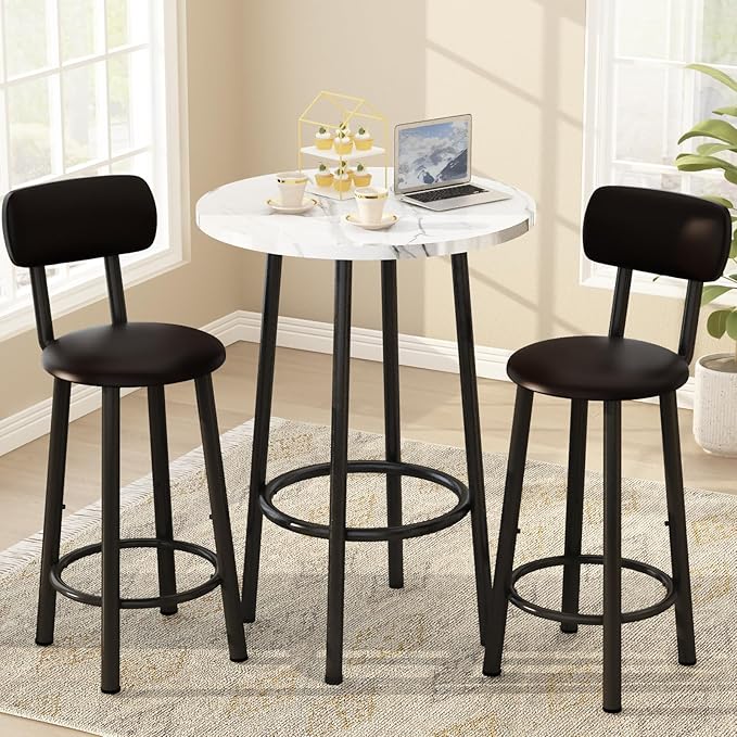 DKLGG Dining Table Set for 2 - 24" Round Kitchen Table With MDF Tabletop & 2 PU Leather Chairs, Bar Pub Set for Small Space Kitchen Living Room Apartment, White