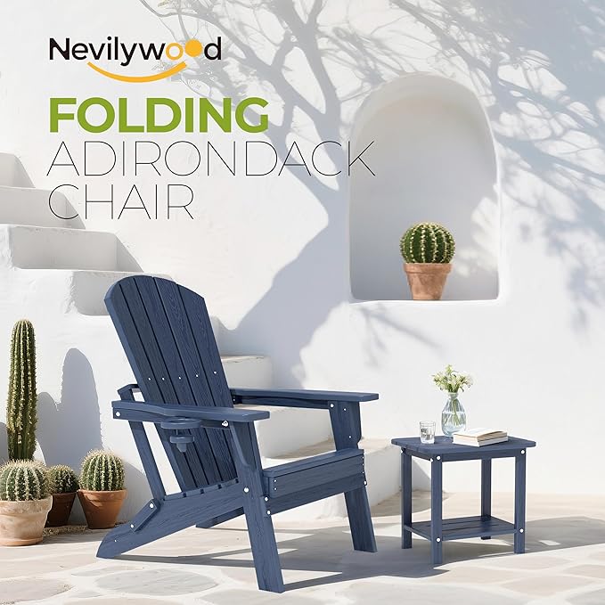 nevilywood Folding Adirondack Chair - Extended Ergonomic Backrest, Cup Holder - Easy Assembly - Durable HDPE Plastic, Weather Resistant & Maintenance-Free - Lawn, Patio, Deck Supports 380lbs NavyBlue