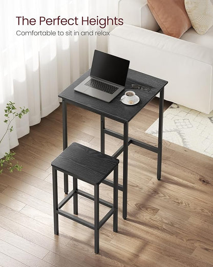 VASAGLE Bar Table and Chairs Set, Square Table with 2 Stools, Dining Pub Set for 2, Space Saving for Kitchen Breakfast, Living Room, Party Room, Ebony Black and Ink Black