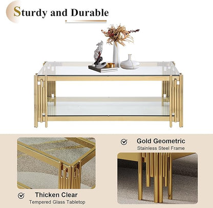 Goujxcy Glass Coffee Table and End Table Set of 3, Luxury Coffee Table Set with Tempered Glass & Gold Stainless Steel Legs, 3 Piece Living Room Table Set for Bedroom Home Office
