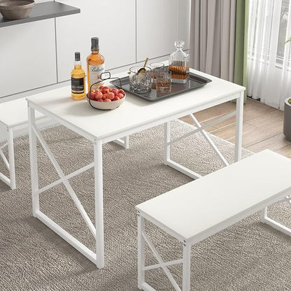 VECELO Kitchen Dining Table Benches Set for 4, 43.3" Wooden Dinette with 2 Benches, Heavy-Duty Dining Room Table for Small Space, Breakfast Nook, White