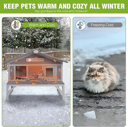 GUTINNEEN Heated Cat House for Outside Large Outdoor Insulated Cat House Weatherproof Feral Cat Shelter with Heated Pad, Insulated All-Round Thermal Liner, Chewproof Cable for 1-4 Cats (Winter-Ready)