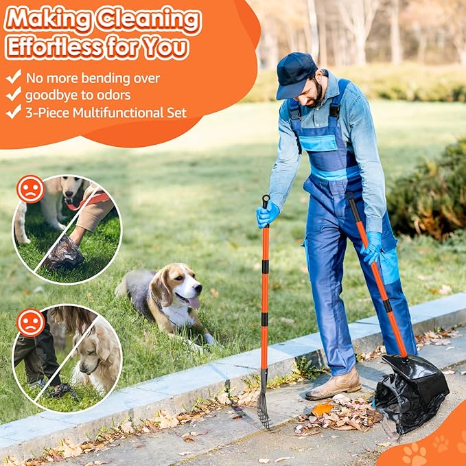 Lukovee Dog Pooper Scooper, 37.4" Long Adjustable Metal Handle Swivel Bin & Rake & Spade Kit with 20 Poop Bags, Portable Dog Non-Breakable Poop Scooper for Gravel Yard Lawn Grass, Orange