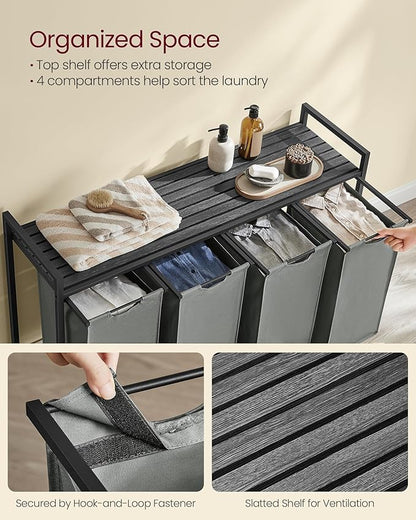 VASAGLE Laundry Hamper, Laundry Basket, Laundry Sorter with 4 Pull-Out and Removable Bags, Shelf, Metal Frame, 4 x 10.6 Gallons (40 L), 45.7 x 13 x 28.4 Inches, Slate Gray and Charcoal Gray UBLH401G01