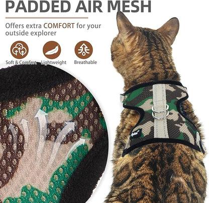 PUPTECK Cat Harness and Leash Set Escape Proof, Reflective Adjustable Soft Mesh Kitten Vest Harness for Walking Travel, Camouflage, S