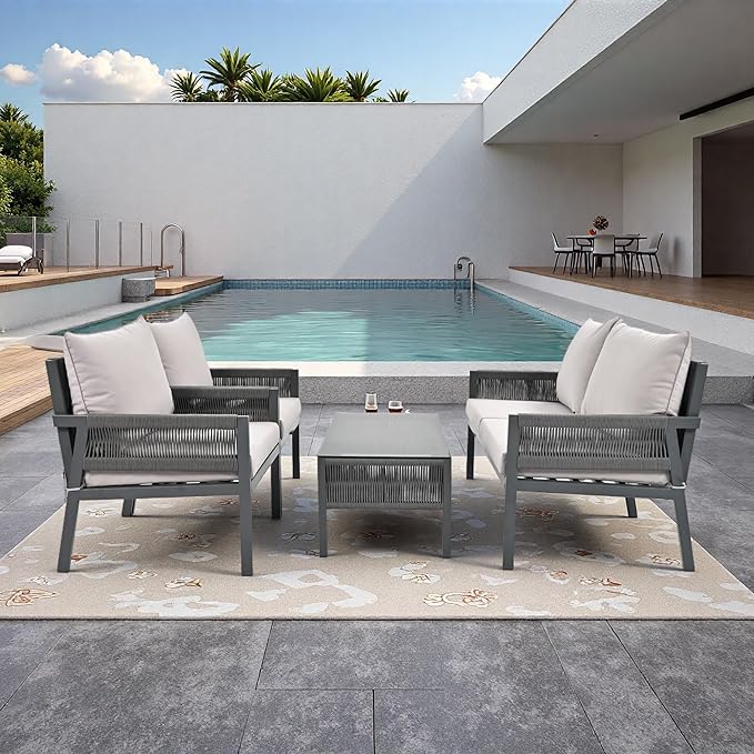4-Piece Rope Outdoor Furniture Set, Patio Conversation Set with Tempered Glass Table, Rope-Woven Furniture Set with Deep Seat Design for Backyards, Gardens, Balconies, Grey