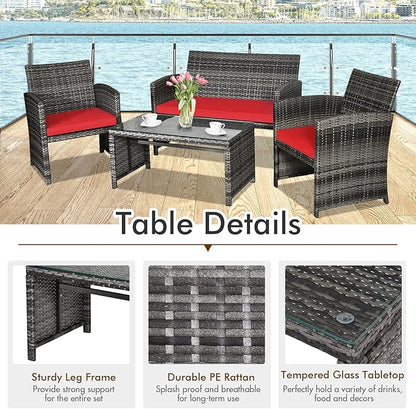 Goplus 4-Piece Rattan Patio Furniture Set, Outdoor Wicker Conversation Sofa with Weather Resistant Cushions and Tempered Glass Tabletop for Lawn Backyard Pool Garden (Red)