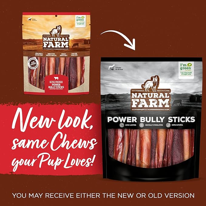 Natural Farm Power Bully Sticks Dog Chews (12”, 5-Pack), 2-in-1 Power Chews: Premium Beef Cheek Wrapped in Beef Pizzle, Great Dog Dental Treats, for Small, Medium & Large Dogs
