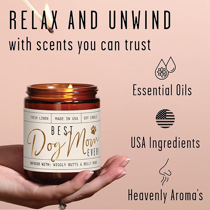 Dog Mom Gifts for Women, Dog Lovers Gifts for Women - 'Best Dog Mom Ever' Soy Candle, w/Fresh Linen I Gifts for Dog Lovers I Dog Gifts for Women I 9oz Reusable Jar, 50Hr Burn, Made in USA