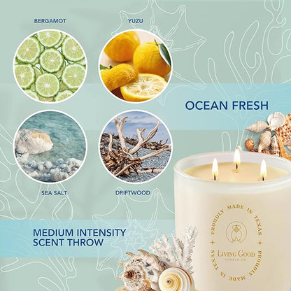 Coastal Breeze - Yuzu & Sea Salt Pure Beeswax Candle – 90+ Hours Long Burning Classically Designed Non-Toxic Scented Candles for Home Decor with Natural Fragrance 15 oz