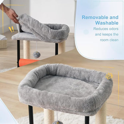 Hey-brother Cat Tree, Cat Scratching Posts with Bed, Sturdy Tower with Fully Sisal-Wrapped Columns and Plush Toy Ball for Indoor Kittens, 18.9 inches, Light Gray MPJ010SW