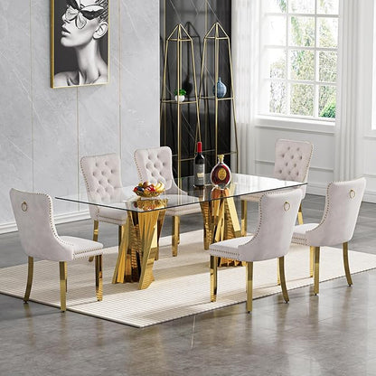 Goujxcy Modern 7 Piece Glass Dining Table Set Luxury Glass Kitchen Table and Chair Set for 6, 70" Large Rectangular Dining Room Table with 6 Tufted Chairs and Stainless Steel Legs (Gold & Beige)